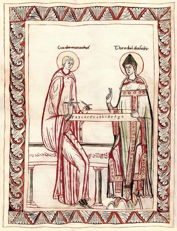 Guido of Arezzo showing Bishop Tedald the monochord, an ancient instrument with a single string, medieval manuscript, Micrologus de disciplina artis musicae, 11th Century