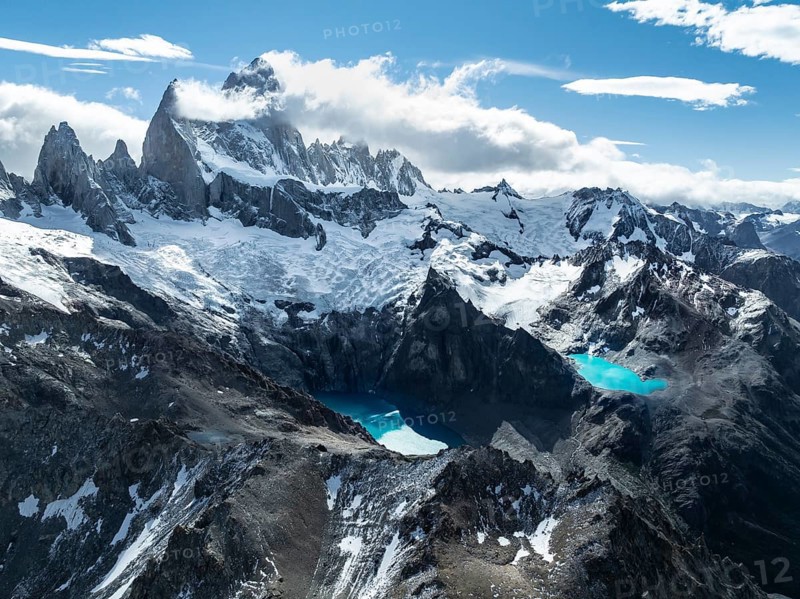Aerial View, Epic Panorama, Large Glaciers, Lago de los Tres Laguna Sucia Glacier Lakes, Mountains and Peaks of Monte Fitz Roy, Mount Fitz Roy, Cerro Chalten, Los Glaciares National Park, Patagonia, Santa Cruz Province, Argentina