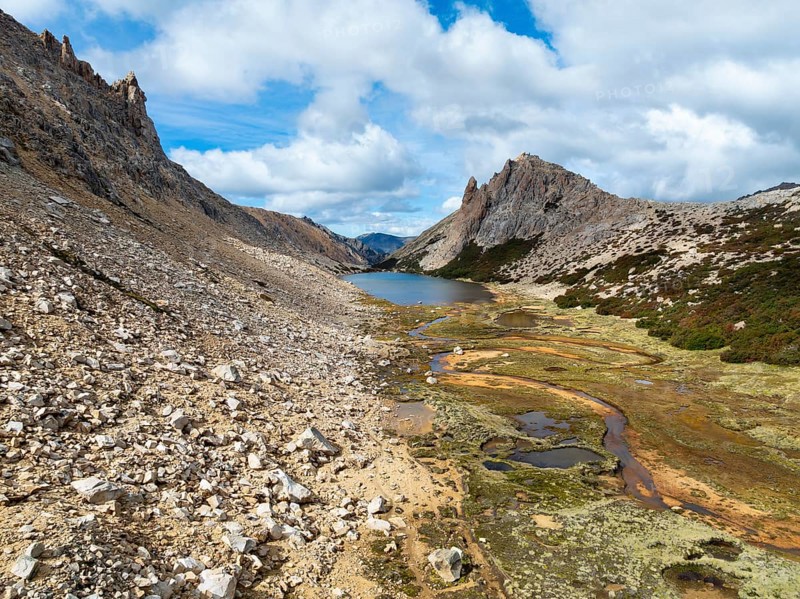 Aerial view, epic panorama, large glaciers, glacial lakes Lago de los Tres Laguna Sucia and Laguna Torre, mountains and peaks of Monte Fitz Roy and Cerro Torre, Fitz Roy mountain range, Cerro Chalten, Los Glaciares National Park, Patagonia, Santa Cruz Province, Argentina