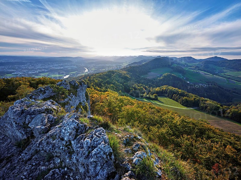 View from the Gisliflue of an autumnal forest with the Jura foothills behind, Talheim, Canton, Aargau, Switzerland