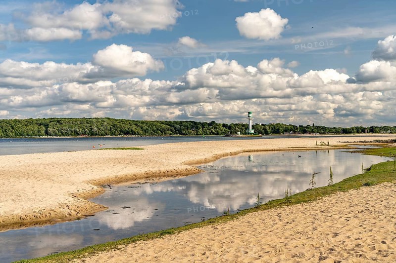 Falkensteiner Beach and Friedrichsort lighthouse on the Kiel Fjord, Kiel, Schleswig-Holstein, Germany
