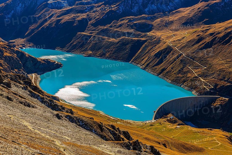 The dam and turquoise lake Lac de Moiry, Val d'Anniviers, Valais Alps, Canton of Valais, Switzerland