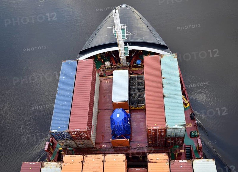 Aerial view of shipping container, container ship NORDIC PORTO photographed from above, Kiel Canal, Kiel Canal, Kiel Canal, Schleswig-Holstein, Germany