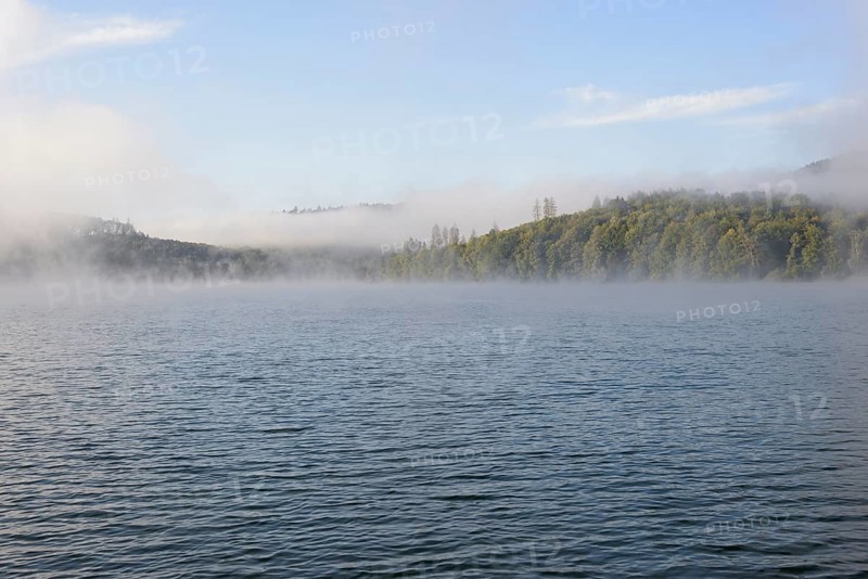 Hennesee, morning fog, blue sky, Hennetalsperre, Sauerland-Rothaargebirge nature park Park, North Rhine-Westphalia, Germany