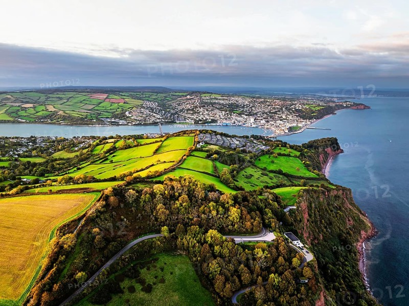 Colours of autumn Fields and Farms over Sheldon from a drone, Torbay, Devon, England, United Kingdom