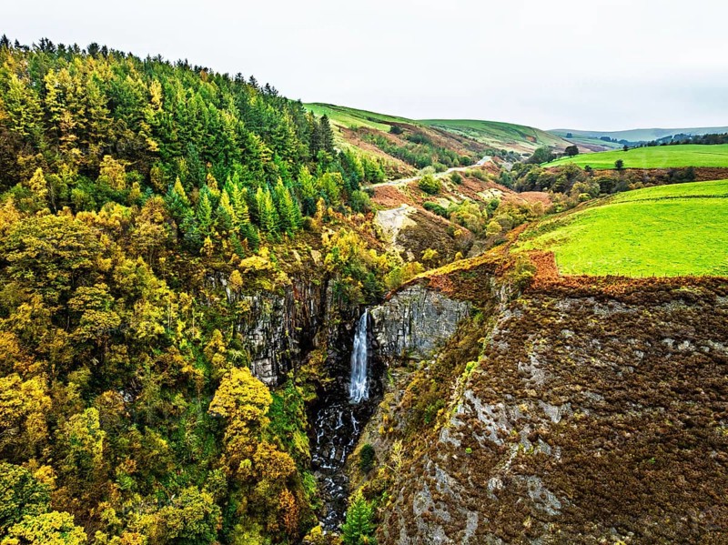 Autumn colours of Ffrwd Fawr Waterfall, Dylife, Llanbrynmair, Powys, Wales, UK