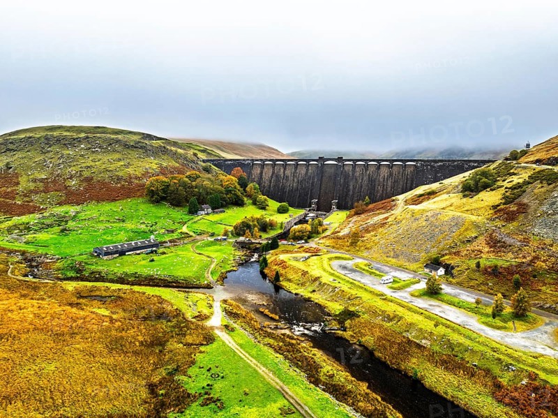 Autumn over Claerwen Dam, Claerwen Valley, Elan Valley Reservoir, Rhayader, Powys, Wales, UK