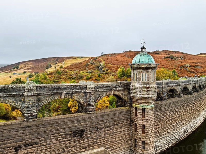 Autumn over Craig Goch Dam from a drone, Elan Valley Reservoirs, Elan Valley, Rhayader, Powys, Wales, UK