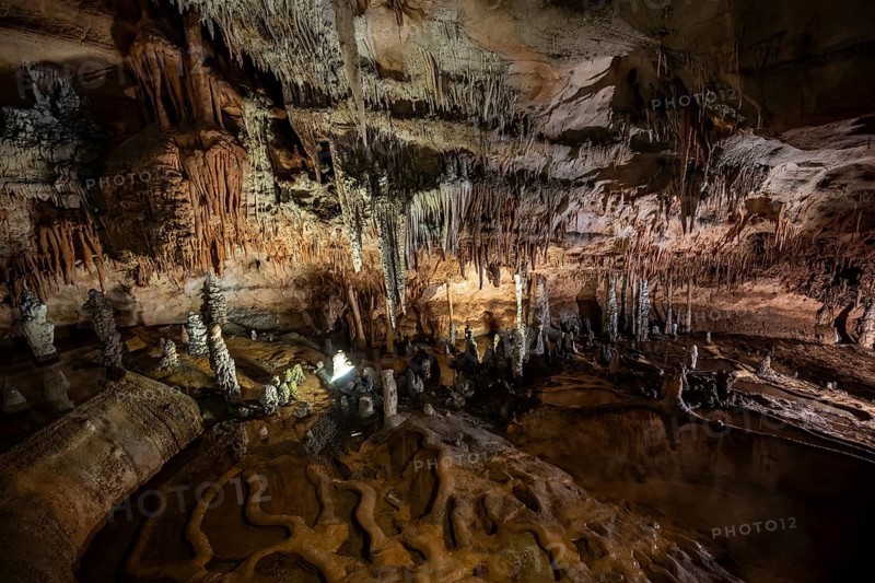 Stalactites and stalagmites, rock formations in a stalactite cave with water basin, Grotta del Fico, Gulf of Orosei, Baunei, Sardinia, Italy