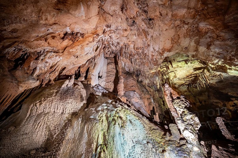 Stalactites and stalagmites, rock formations in a stalactite cave, Grotta del Fico, Gulf of Orosei, Baunei, Sardinia, Italy