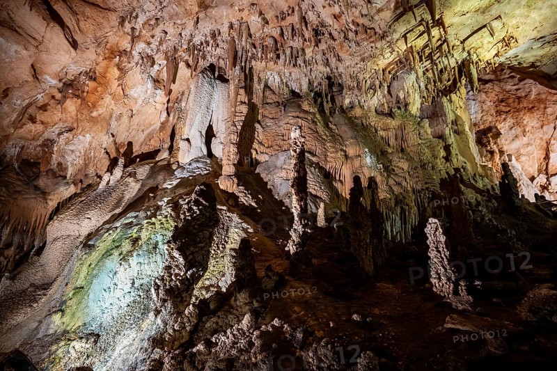 Stalactites and stalagmites, rock formations in a stalactite cave, Grotta del Fico, Gulf of Orosei, Baunei, Sardinia, Italy