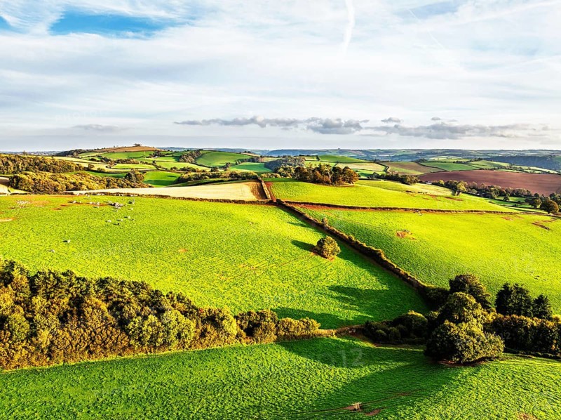 Colours of Devon Farms and Fields over Berry Pomeroy from a drone, Totnes, England, United Kingdom