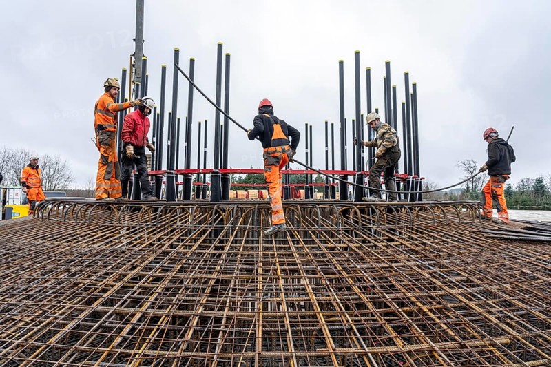 Assembly of reinforcing steel for the reinforced concrete foundation of a wind turbine, a mesh of rebar and rebar mesh, over 100 tons of reinforcing steel were used, the wind turbine will have a hub height of 160 meters, part of a new wind farm in Sauerland, near Balve, North Rhine-Westphalia, Germany