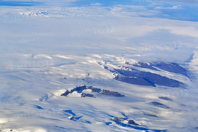 View of glaciers, structures, rocks in ice, snowfields, aerial view, Icelandic highlands, Iceland