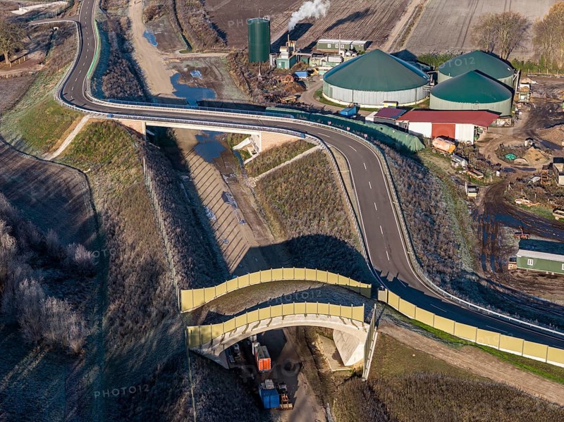 Aerial view of construction site, new bridge is build as part of bypass road, Celle, Germany