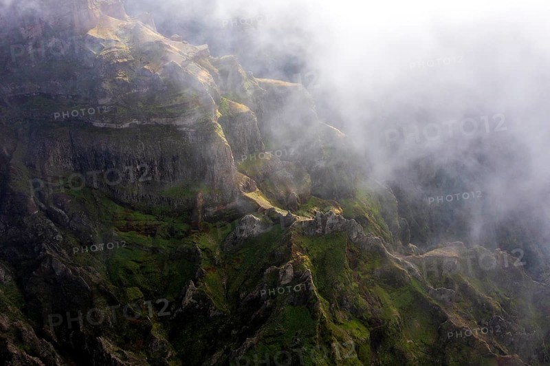 Aerial view, clouds of fog, mountains, Madeira, Portugal