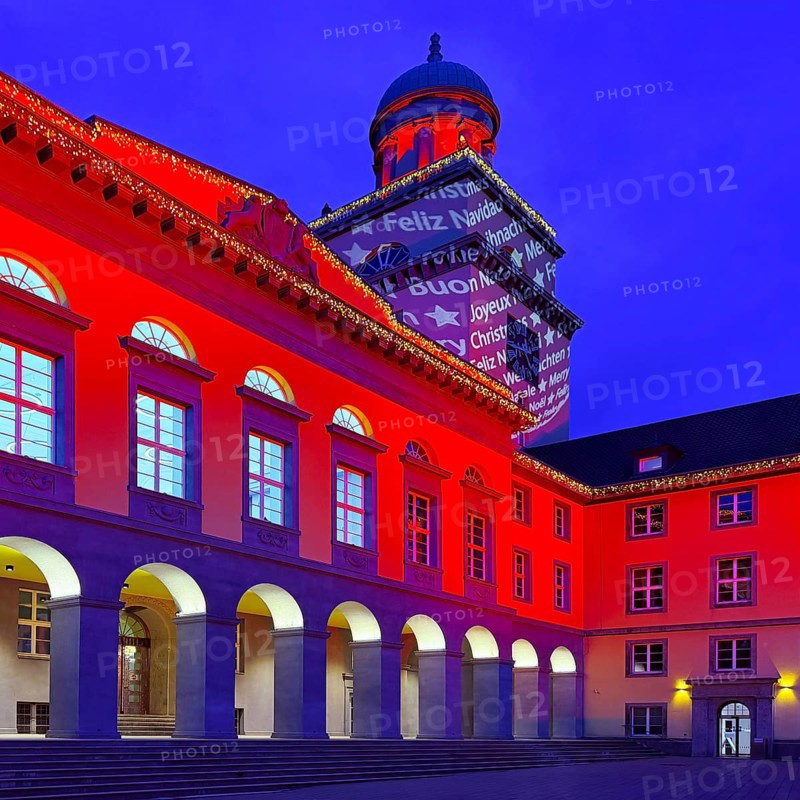 The town hall illuminated for the Christmas market in Witten, Ruhr area, North Rhine-Westphalia, Germany