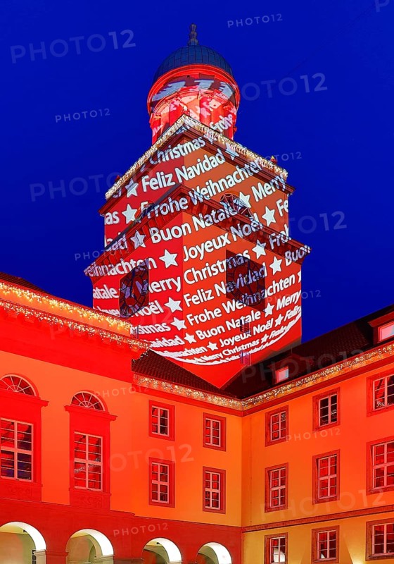 The town hall illuminated for the Christmas market in Witten, Ruhr area, North Rhine-Westphalia, Germany
