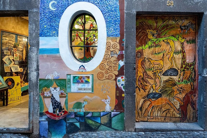 Colourfully painted doors on Santa Maria Street in the old town, Funchal, Madeira, Portugal