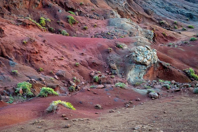 Volcanic soil, colorful soil, red, erosion, near Miradouro da Ponta do Rosto, Madeira, Portugal