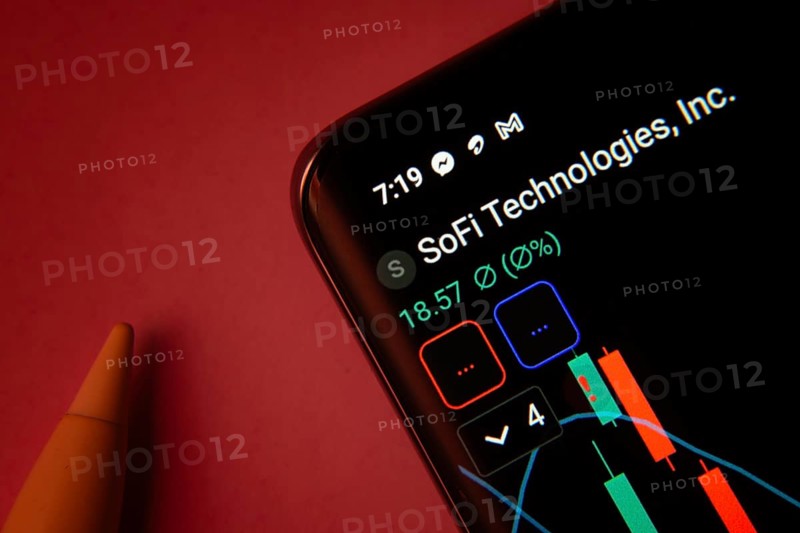Dhaka, Bangladesh- 08 Sep 2025: Close-up of a phone screen showing SoFi Technologies Inc stock market data with a candlestick chart