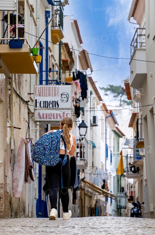 Typical Mediterranean architecture with small narrow streets and streets, Nazare, Portugal