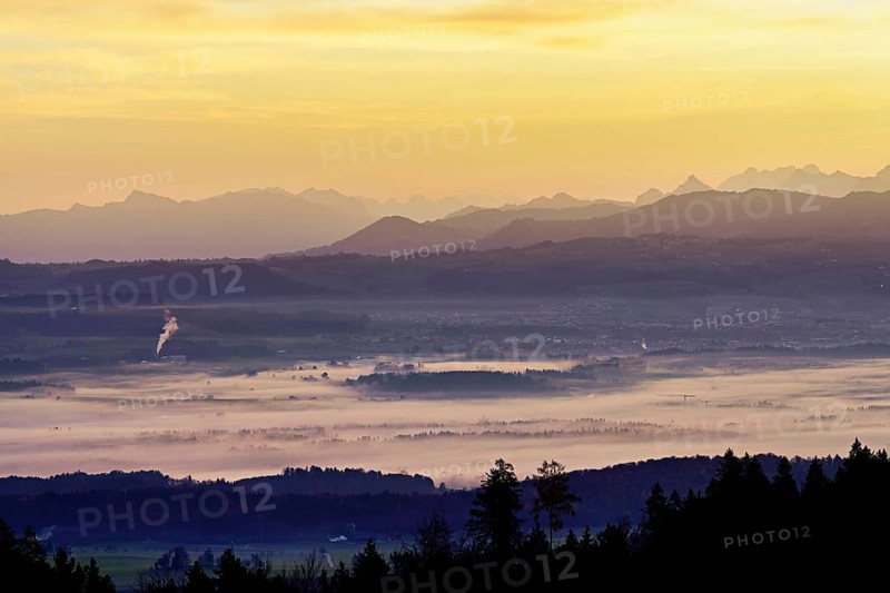 View from Horben of the Reuss Valley covered in fog, behind it the Glarus Alps in the light of the rising sun, Beinwil-Freiamt, Canton, Aargau, Switzerland