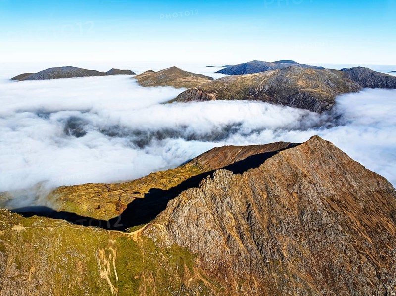 Snowdon Massif from a drone, Snowdon Range, Snowdonia, North Wales, UK