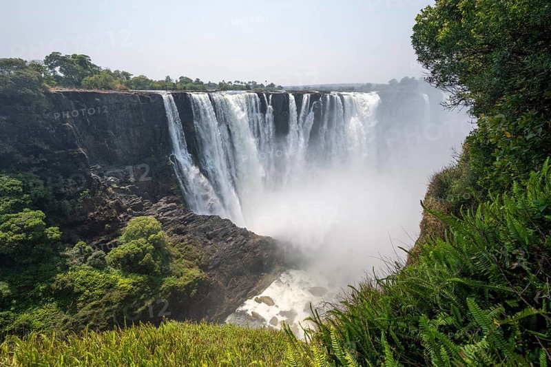 Water plunges into the depths, Victoria Falls with jungle and green plants, Zambezi, Zimbabwe