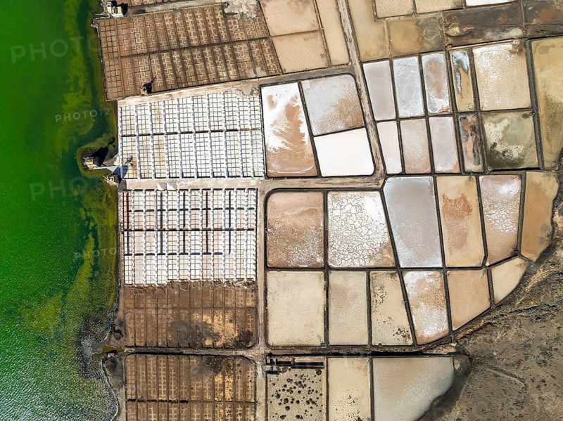 Salt mining plant, Salinas de Janubio, top-down, near Yaiza, drone shot, Lanzarote, Canary Islands, Spain
