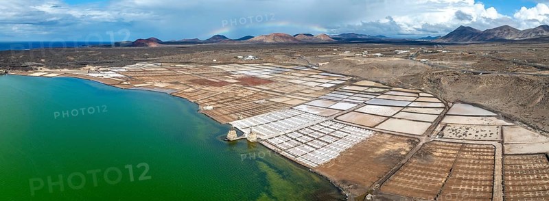 Salt mining plant, Salinas de Janubio with green Laguna de Janubio, near Yaiza, aerial view, Lanzarote, Canary Islands, Spain