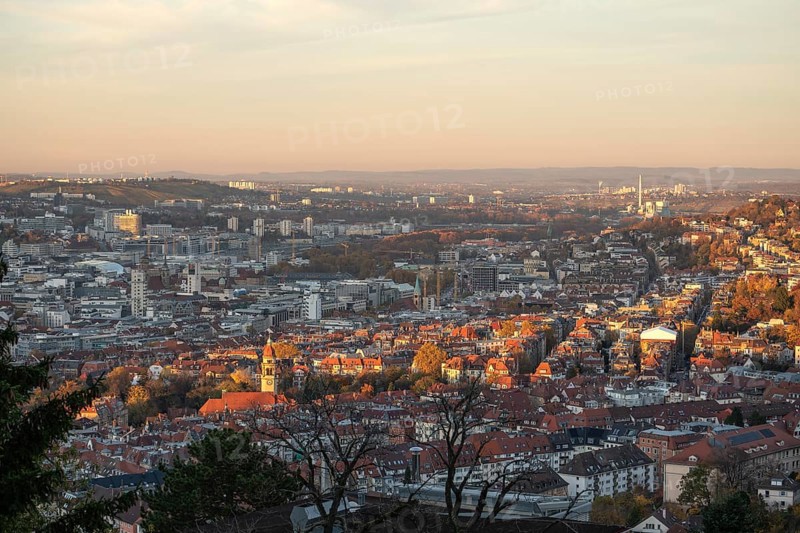 View of the city center in warm sunset light from Santiago de Chile Platz Stuttgart, Germany