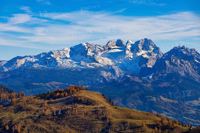 Alpbichlalm with Dachstein massif, autumn, Osterhorn Group, Salzkammergut, Province of Salzburg, Austria