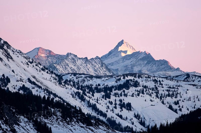 Summit of Grossglockner at sunset in winter, Hochbrixen, Brixen im Thale, Tyrol, Austria