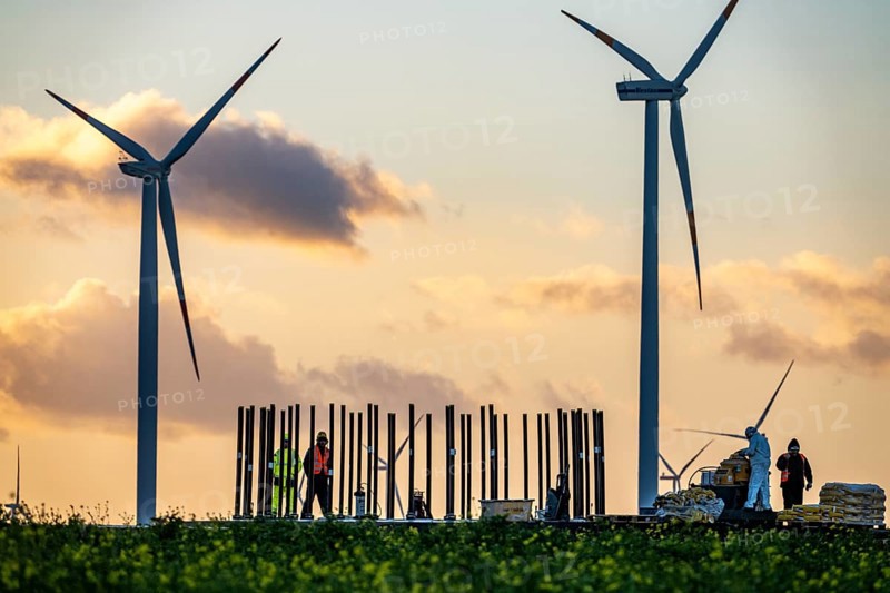 Construction site of the new Bedburg 3 wind farm, on recultivated open-cast mining site, 9 wind power plants with an output of 60 megawatts are being built, finished foundation on which the wind turbine tower is then built, operated by RWE and the city of Bedburg, North Rhine-Westphalia, Germany