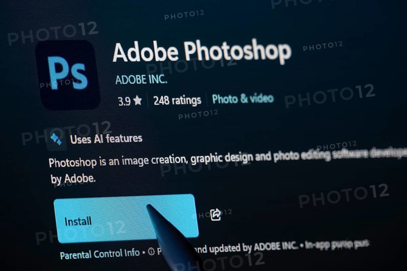 Dhaka, Bangladesh- 19 Sep 2025: A close-up of the Adobe Photoshop app from the Microsoft Store is shown on a laptop screen