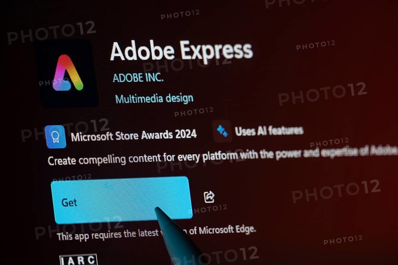 Dhaka, Bangladesh- 19 Sep 2025: A close-up of the Adobe Express app from the Microsoft Store is shown on a laptop screen