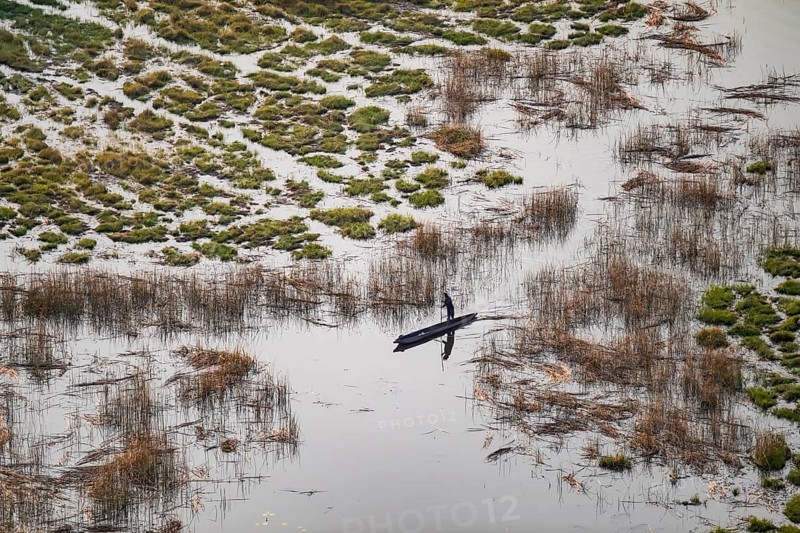 Marshland, marshland, Kavango fishermen with dugout boat, Mokoro, aerial view, Okavango Delta, Botswana