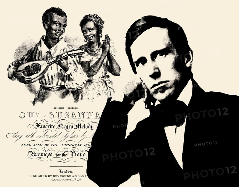 Portrait of Stephen Collins Foster with the cover of his minstrel song Oh! Susanna, digitally edited