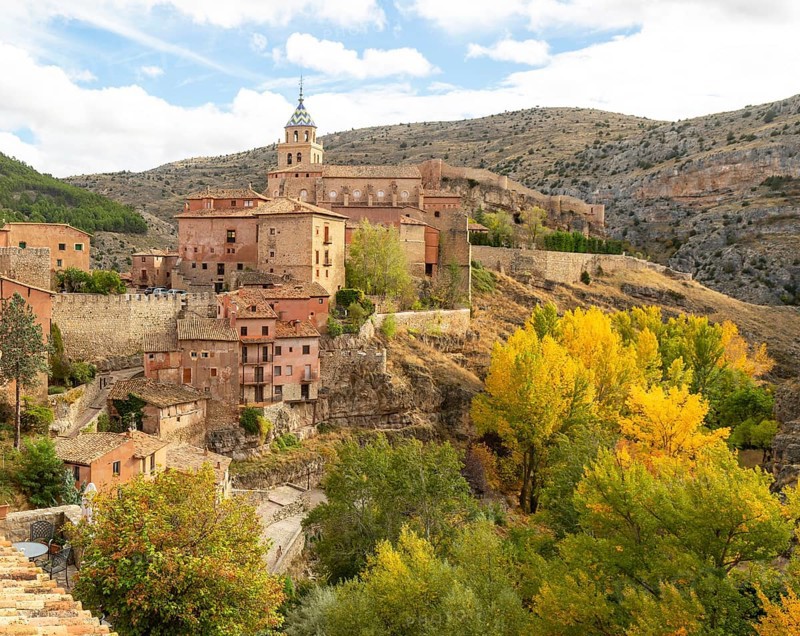 Historic buildings on hillside medieval village of Albarracin, Teruel province, Aragon, Spain