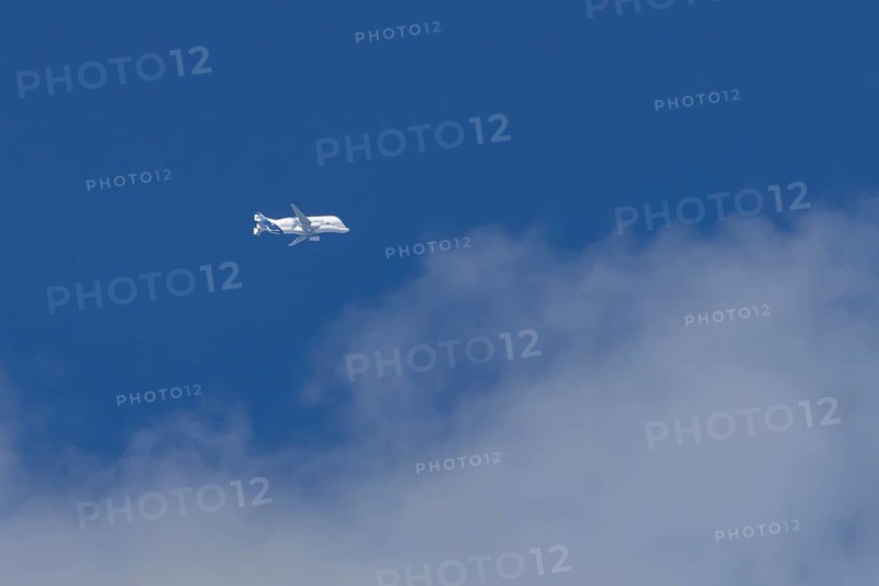 Airbus A330-743L Beluga XL cargo jet aircraft flying in a blue sky with white clouds, England, United Kingdom