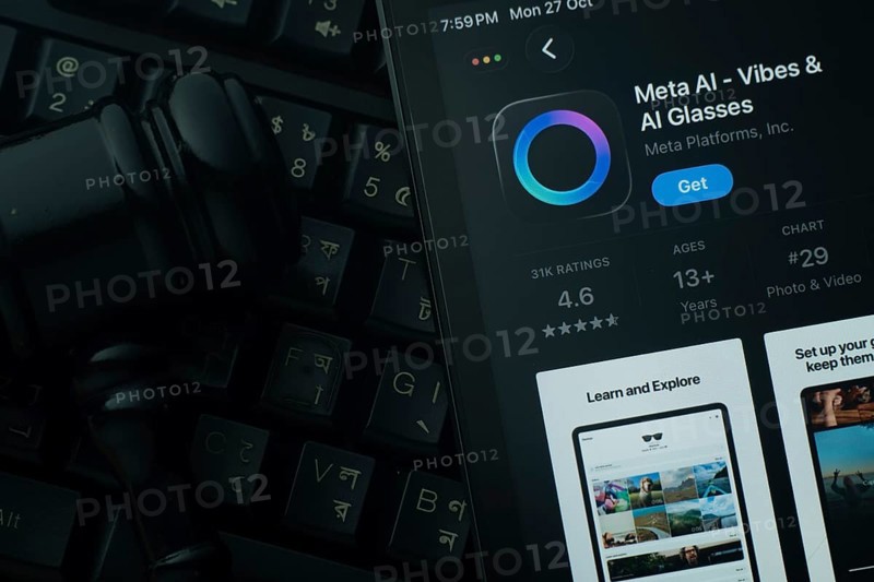 Dhaka, Bangladesh- 28 Oct 2025: An iPad displaying the Meta Ai app against a judge's gavel and dark keyboard background
