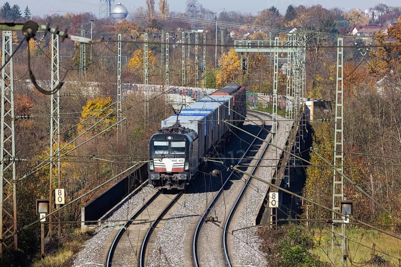 Freight train on the so-called Schusterbahn, a bypass of Stuttgart Central Station. Stuttgart, Baden-Württemberg, Germany