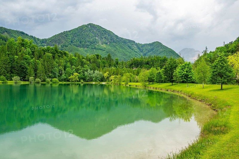 Landscape of Lake Elisabethsee on a rainy day in spring, Austria
