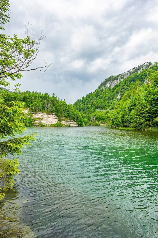 Landscape of Lake Elisabethsee on a rainy day in spring, Austria
