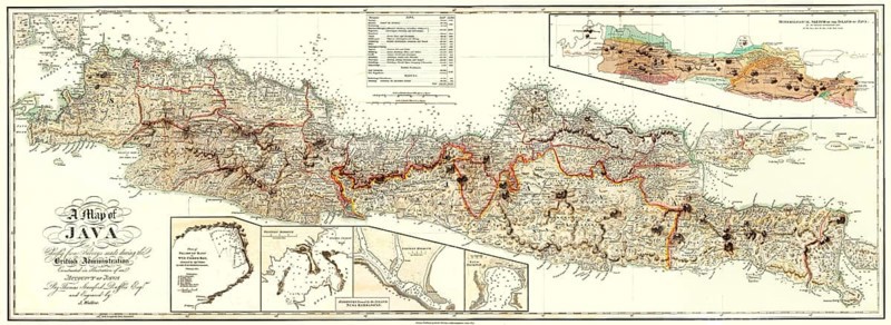 Map of Java, 1817, from History of Java by Sir Thomas Stamford Bingley Raffles, 1781 – 1826, British colonial official, governor of Java, Indonesia, Asia, digitally optimized