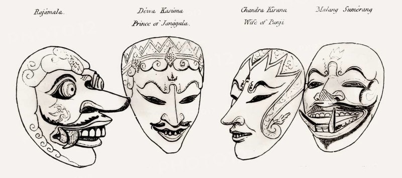 Javanese Topeng masks, 1817, from History of Java by Sir Thomas Stamford Bingley Raffles, 1781 – 1826, British colonial official, governor of Java, Indonesia, Asia, digitally optimized