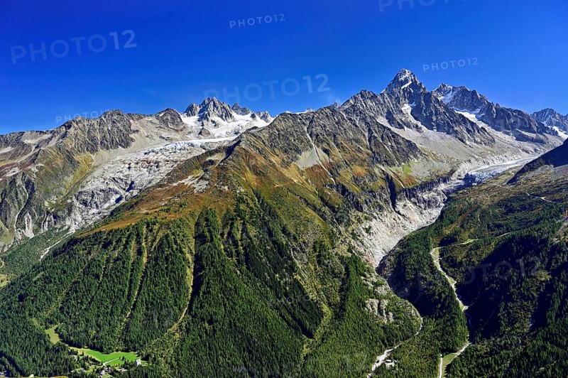 From left front Glacier du Tour back Aiguilles du Tour, right Aiguille du Chardonnet, in front foothills of the Argentière Glacier, Chamonix-Mont-Blanc, Haute-Savoie, France