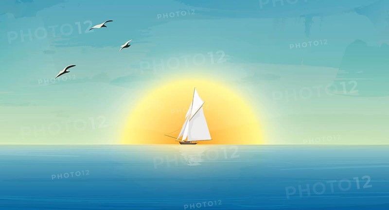 Sailing ship and seagulls in the morning sun on a calm sea. Vector background