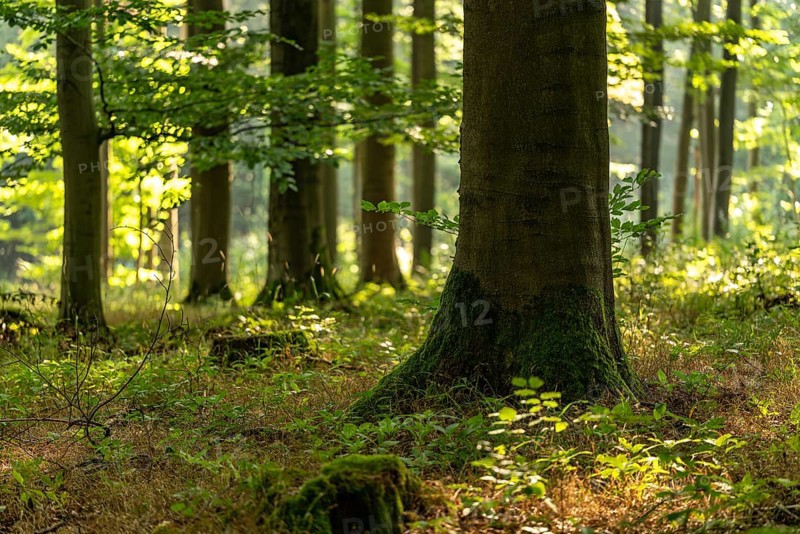 Light-flooded image of an old beech tree trunk with low depth of focus in a forest above Bad Pyrmont, Lower Saxony, Germany